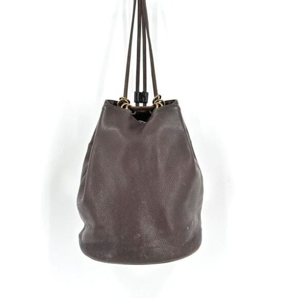 Stone Mountain Dark Chocolate Brown Pebbled Leather Brass Grommet Bucket Bag - Picture 1 of 16